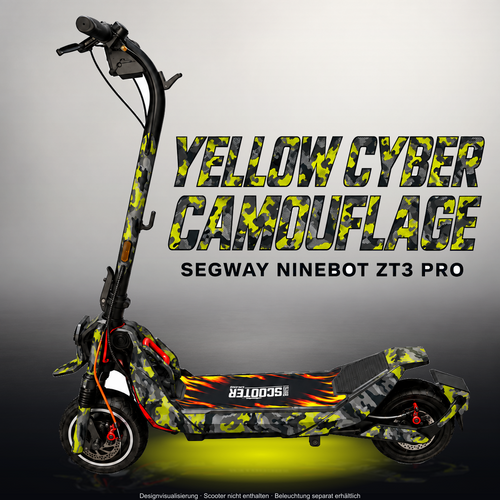 SEGWAY NINEBOT ZT3 PRO / ZT3 PRO D SKIN | YELLOW CYBER CAMOUFLAGE – Studiofoto mit Licht in der Skinfarbe; Scooter und Beleuchtung separat erhältlich