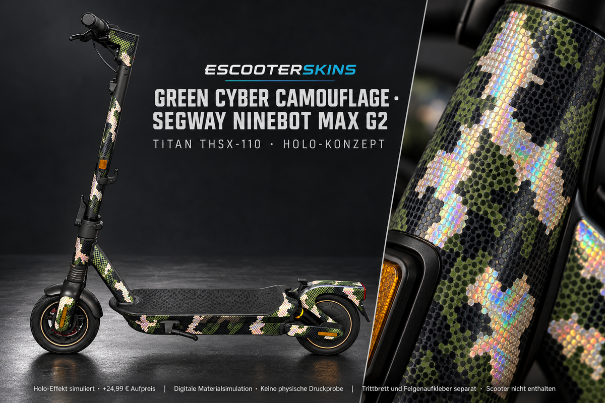 SEGWAY NINEBOT G2 MAX SKIN | GREEN CYBER CAMOUFLAGE – Holo-Effekt simuliert; +24,99 EUR Aufpreis. Digitale Materialsimulation, keine physische Druckprobe. Nur Body-Skin; Trittbrett und Felgenaufkleber separat; Scooter nicht enthalten.