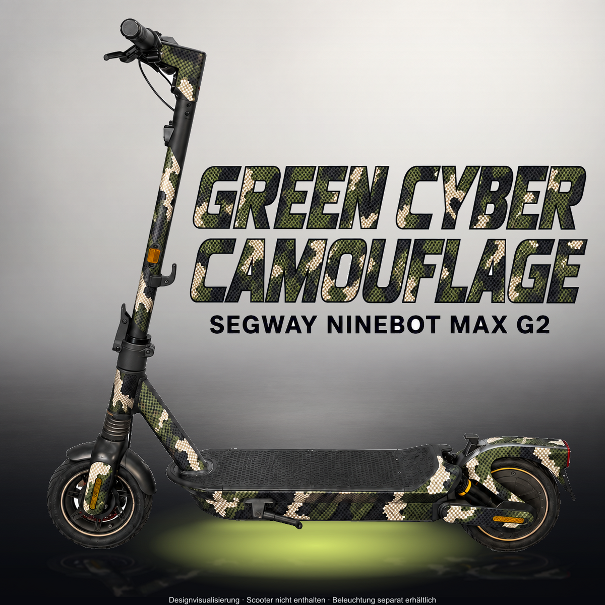 SEGWAY NINEBOT G2 MAX SKIN | GREEN CYBER CAMOUFLAGE – Studiofoto mit Licht in der Skinfarbe; Scooter und Beleuchtung separat erhältlich