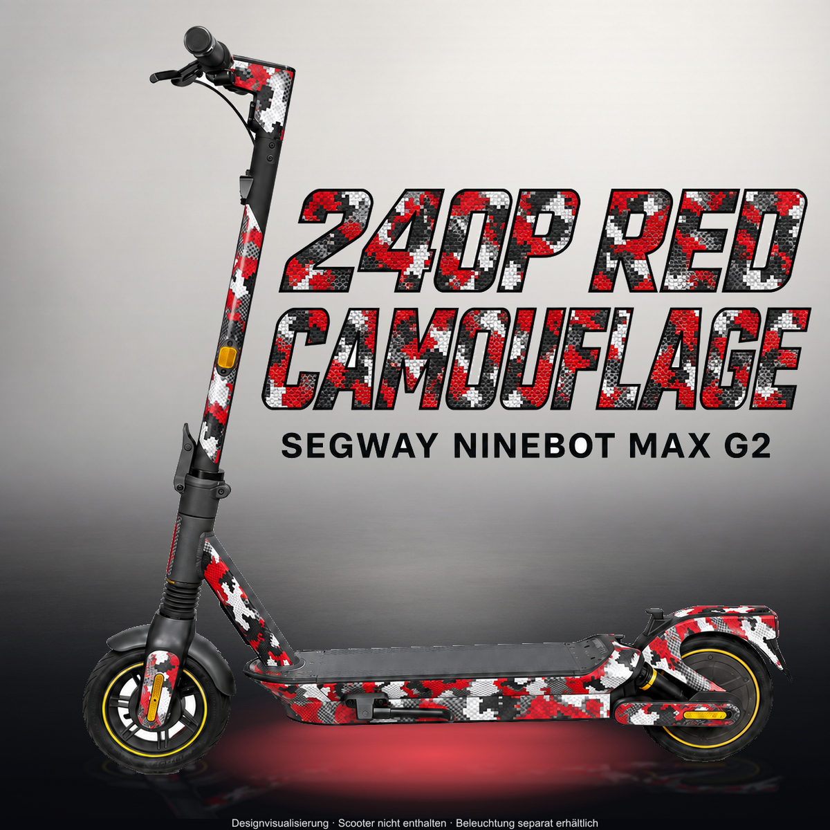 SEGWAY NINEBOT G2 MAX SKIN | 240P RED CAMOUFLAGE – Studiofoto mit Licht in der Skinfarbe; Scooter und Beleuchtung separat erhältlich