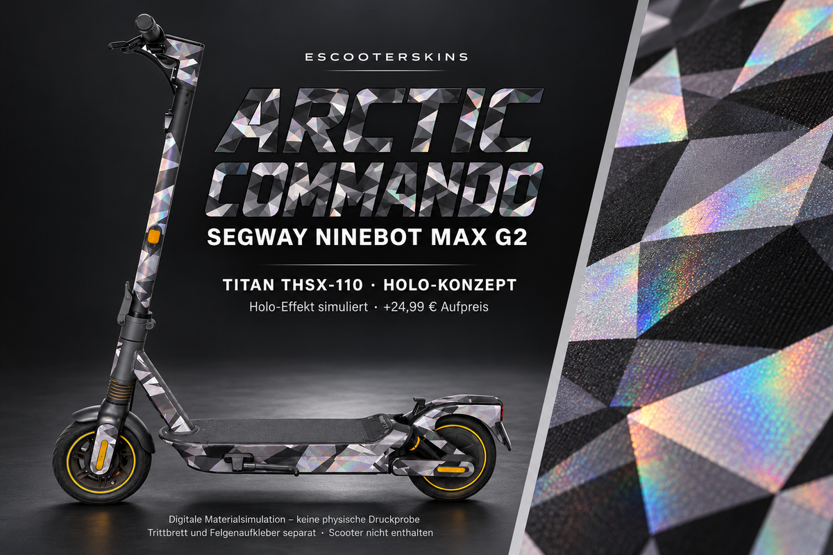 SEGWAY NINEBOT G2 MAX SKIN | ARCTIC COMMANDO – Holo-Effekt simuliert; +24,99 EUR Aufpreis. Digitale Materialsimulation, keine physische Druckprobe. Nur Body-Skin; Trittbrett und Felgenaufkleber separat; Scooter nicht enthalten.