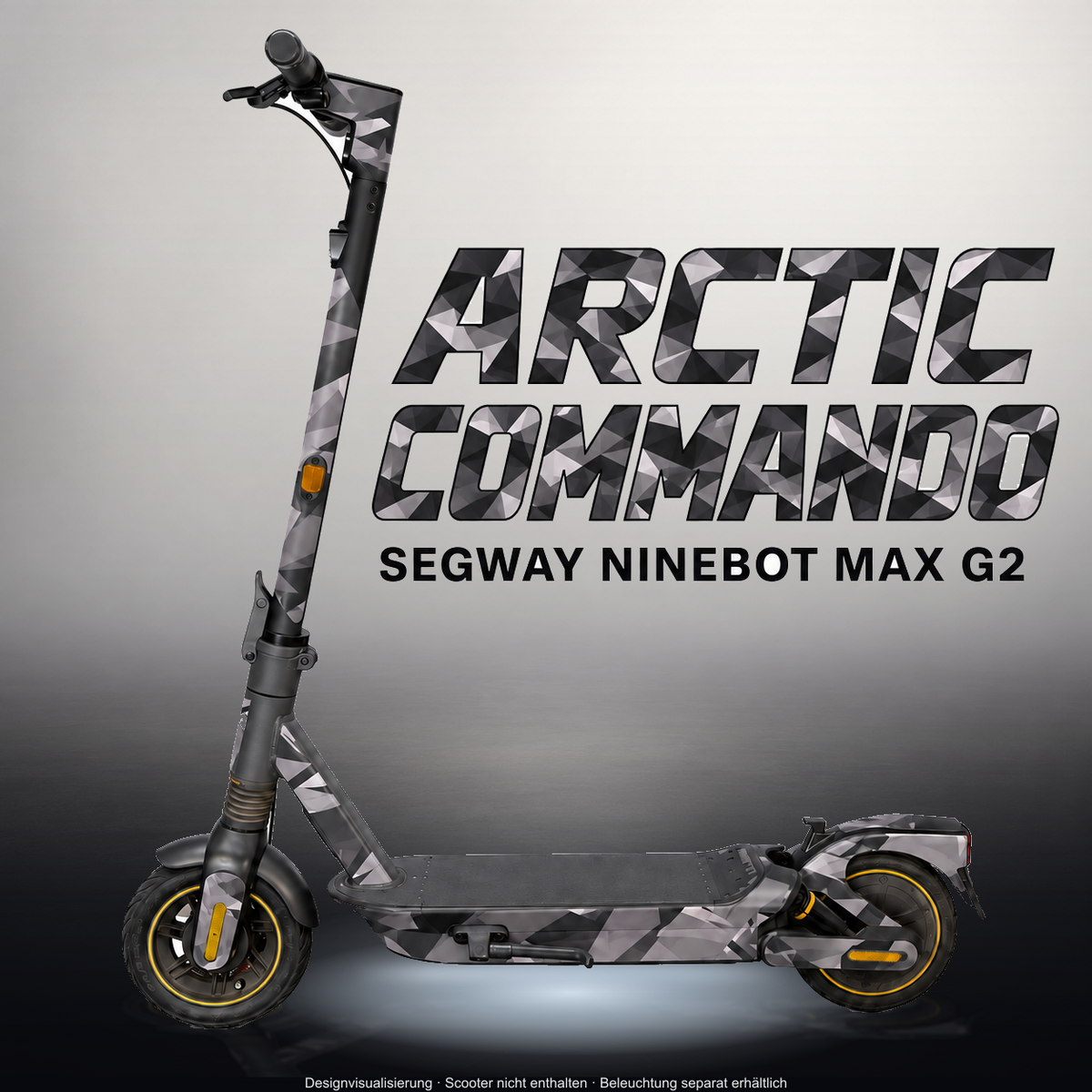 SEGWAY NINEBOT G2 MAX SKIN | ARCTIC COMMANDO – Studiofoto mit Licht in der Skinfarbe; Scooter und Beleuchtung separat erhältlich