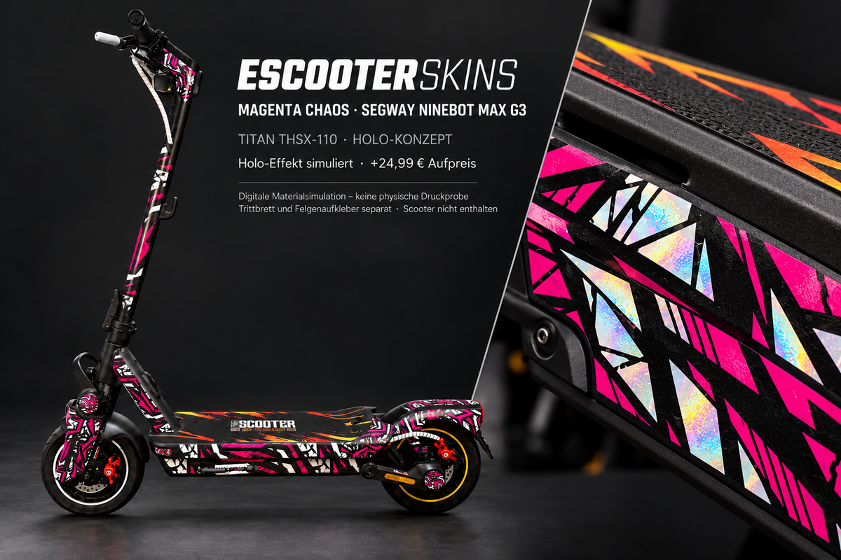 SEGWAY NINEBOT G3 / G3 D / G3 E SKIN | MAGENTA CHAOS – Holo-Effekt simuliert; +24,99 EUR Aufpreis. Digitale Materialsimulation, keine physische Druckprobe. Nur Body-Skin; Trittbrett und Felgenaufkleber separat; Scooter nicht enthalten.
