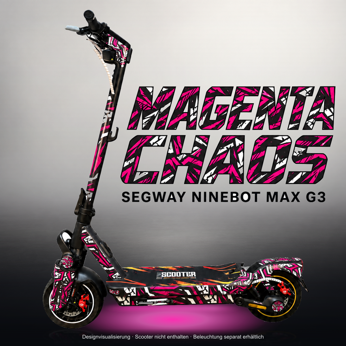 SEGWAY NINEBOT G3 / G3 D / G3 E SKIN | MAGENTA CHAOS – Studiofoto mit Licht in der Skinfarbe; Scooter und Beleuchtung separat erhältlich