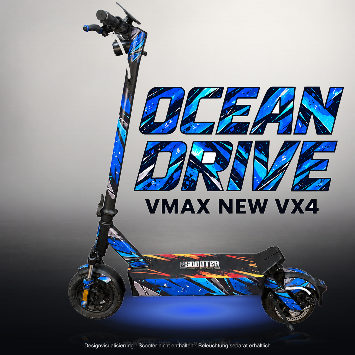 VMAX NEW VX4 SKIN | OCEAN DRIVE – Studiofoto mit Licht in der Skinfarbe; Scooter und Beleuchtung separat erhältlich