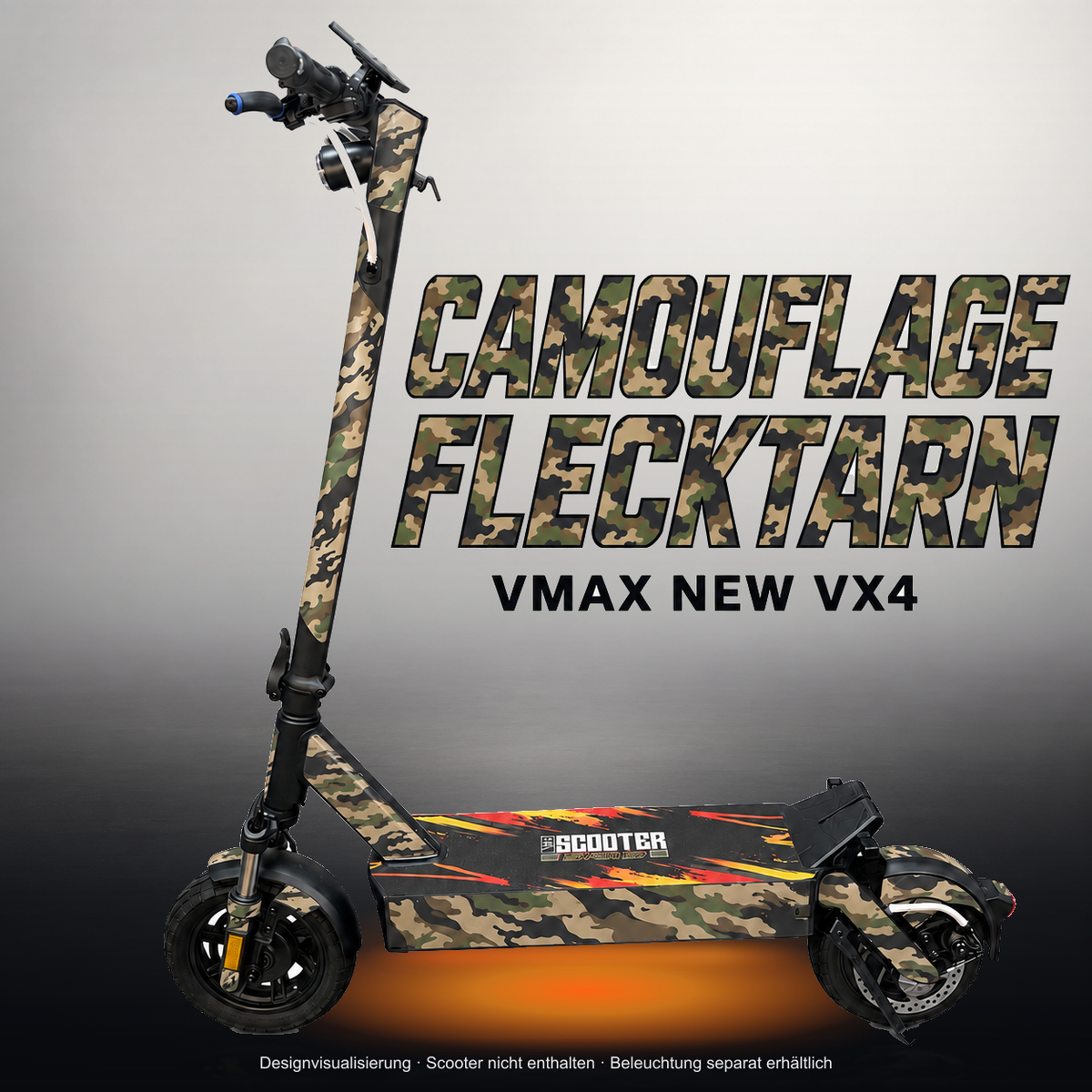 VMAX NEW VX4 SKIN | CAMOUFLAGE FLECKTARN – Studiofoto mit Licht in der Skinfarbe; Scooter und Beleuchtung separat erhältlich