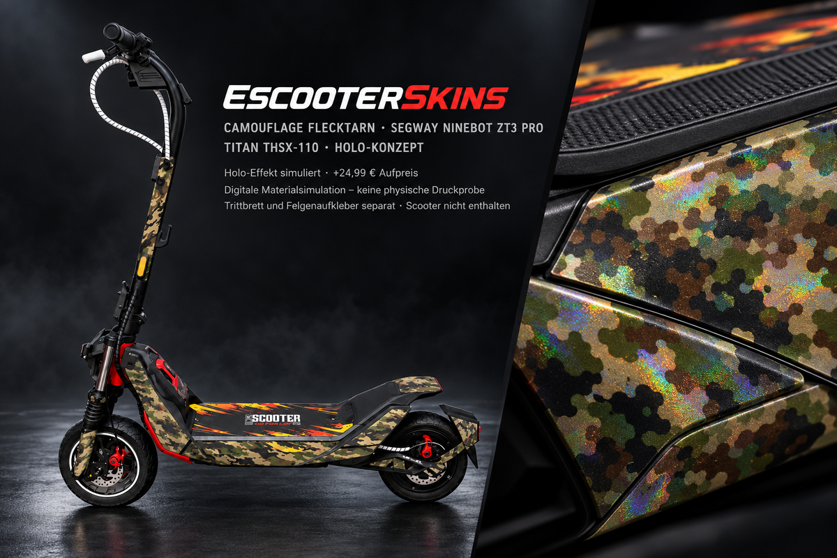 SEGWAY NINEBOT ZT3 PRO / ZT3 PRO D SKIN | CAMOUFLAGE FLECKTARN – Holo-Effekt simuliert; +24,99 EUR Aufpreis. Digitale Materialsimulation, keine physische Druckprobe. Nur Body-Skin; Trittbrett und Felgenaufkleber separat; Scooter nicht enthalten.