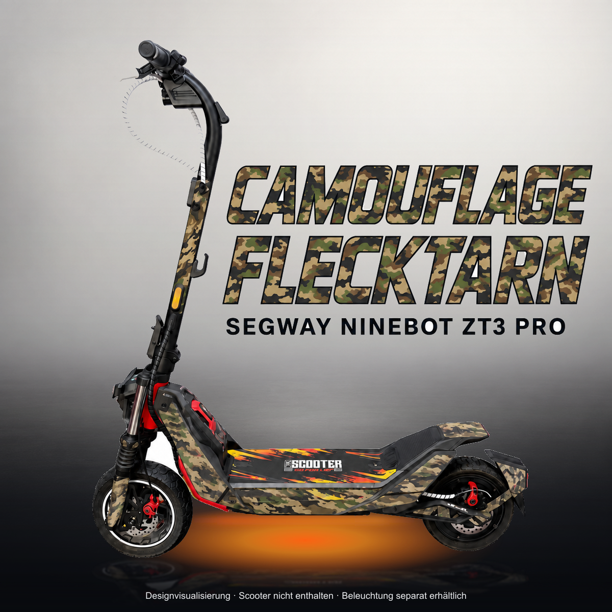 SEGWAY NINEBOT ZT3 PRO / ZT3 PRO D SKIN | CAMOUFLAGE FLECKTARN – Studiofoto mit Licht in der Skinfarbe; Scooter und Beleuchtung separat erhältlich