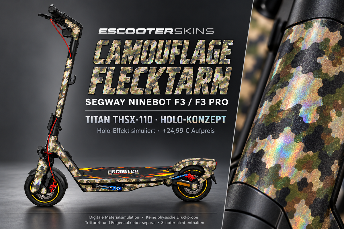 SEGWAY NINEBOT F3 / F3 PRO SKIN | CAMOUFLAGE FLECKTARN – Holo-Effekt simuliert; +24,99 EUR Aufpreis. Digitale Materialsimulation, keine physische Druckprobe. Nur Body-Skin; Trittbrett und Felgenaufkleber separat; Scooter nicht enthalten.