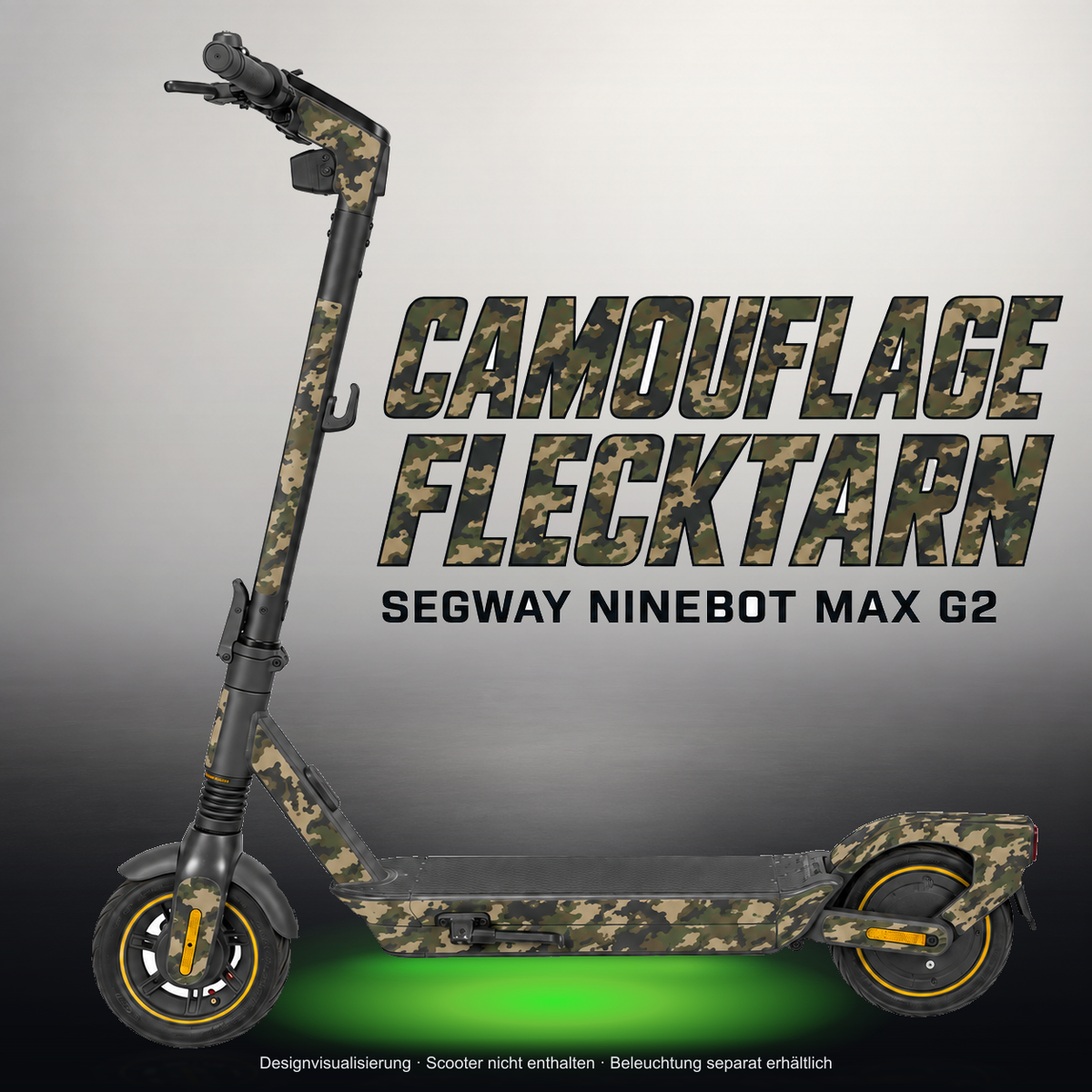 SEGWAY NINEBOT G2 MAX SKIN | CAMOUFLAGE FLECKTARN – Studiofoto mit Licht in der Skinfarbe; Scooter und Beleuchtung separat erhältlich