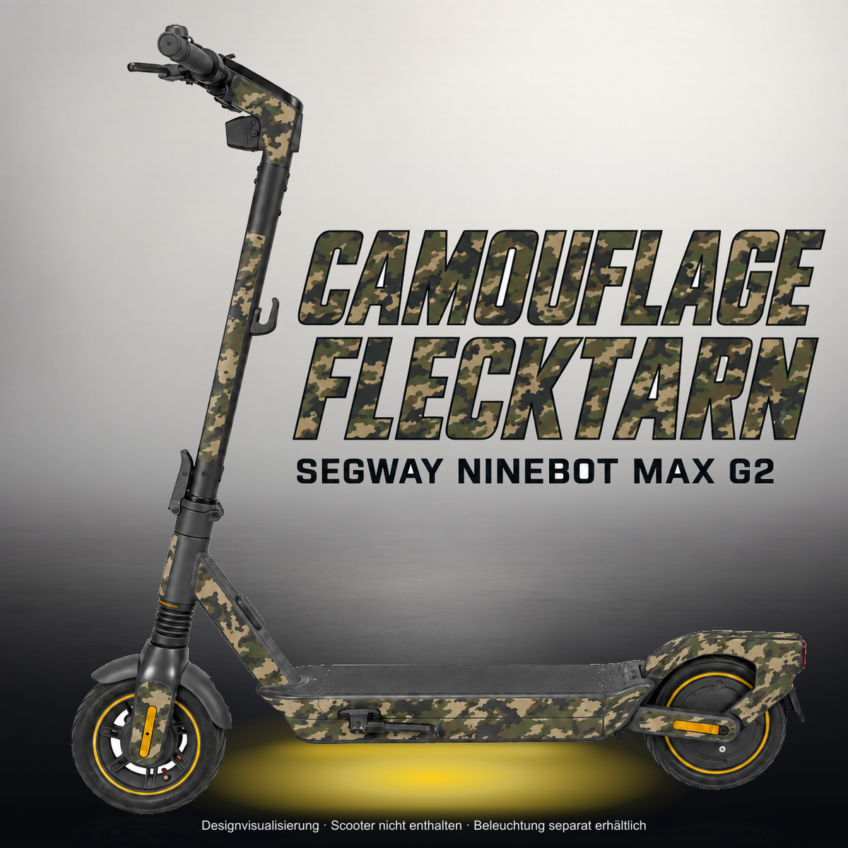 SEGWAY NINEBOT G2 MAX SKIN | CAMOUFLAGE FLECKTARN – Studiofoto mit Licht in der Skinfarbe; Scooter und Beleuchtung separat erhältlich