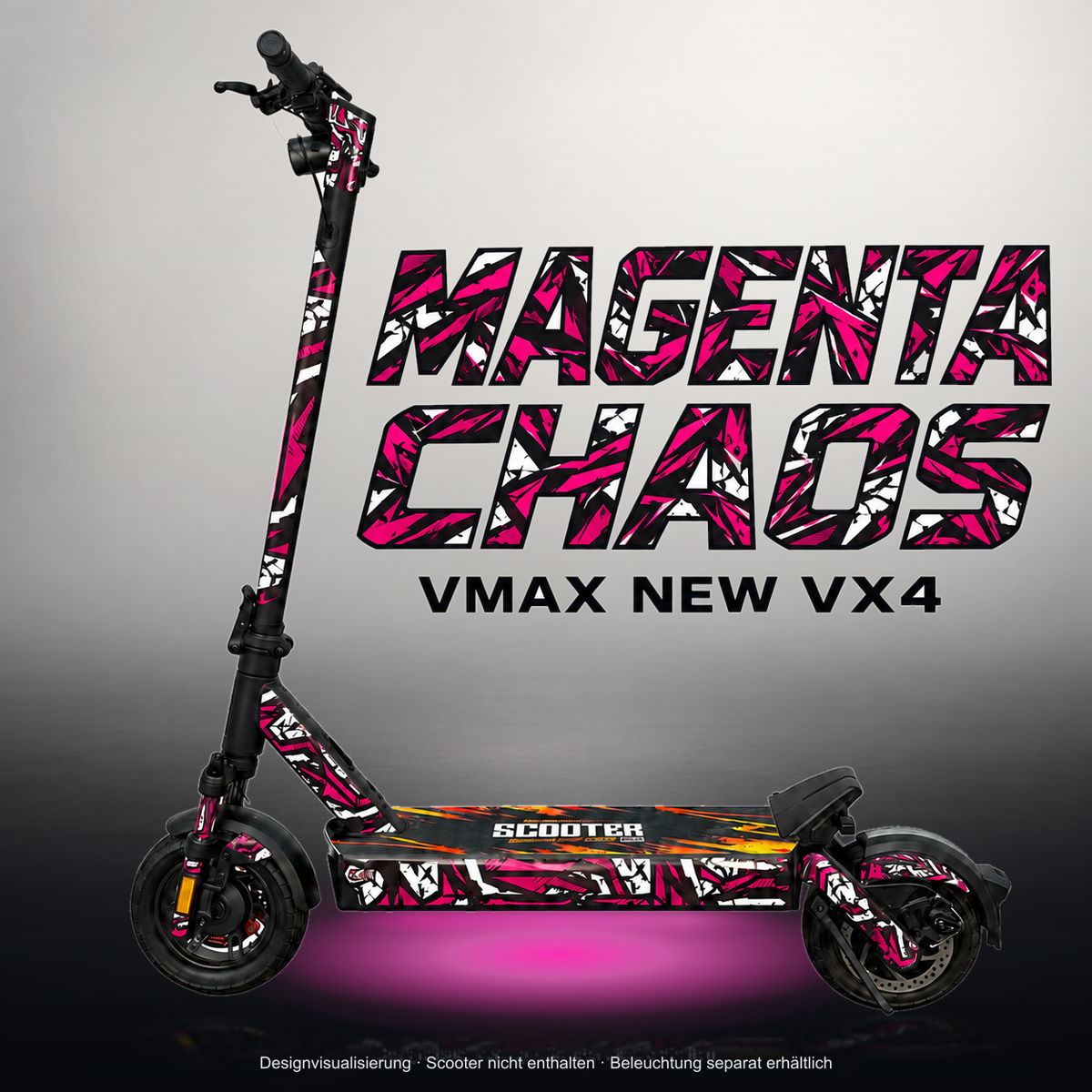 VMAX NEW VX4 SKIN | MAGENTA CHAOS – Studiofoto mit Licht in der Skinfarbe; Scooter und Beleuchtung separat erhältlich