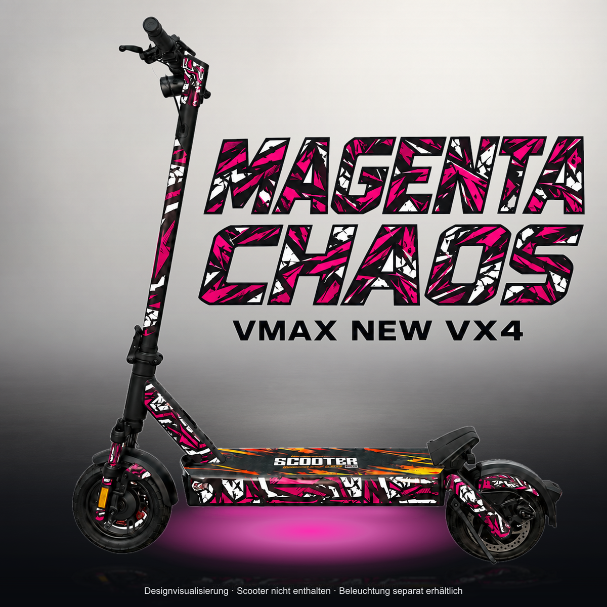 VMAX NEW VX4 SKIN | MAGENTA CHAOS – Studiofoto mit Licht in der Skinfarbe; Scooter und Beleuchtung separat erhältlich