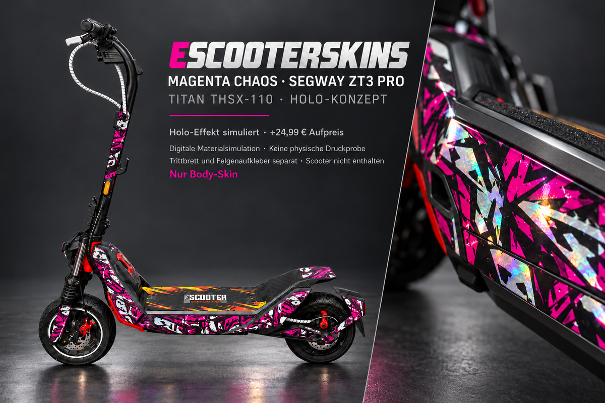 MAGENTA CHAOS – Holo-Effekt simuliert; +24,99 EUR Aufpreis. Digitale Materialsimulation, keine physische Druckprobe. Nur Body-Skin; Trittbrett und Felgenaufkleber separat; Scooter nicht enthalten.
