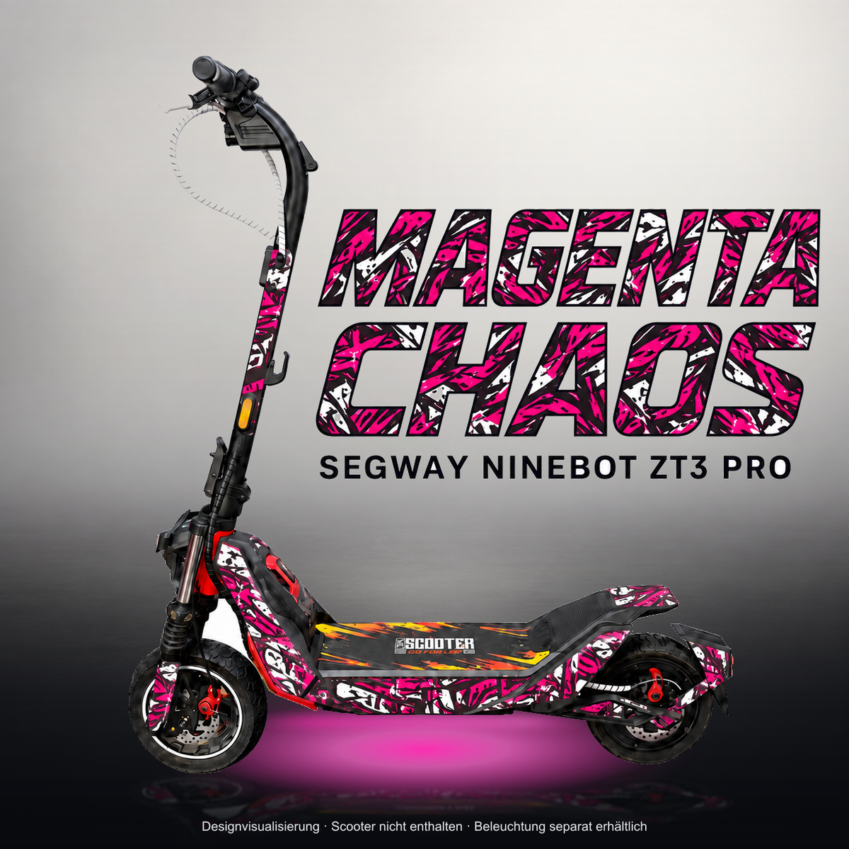 SEGWAY NINEBOT ZT3 PRO / ZT3 PRO D SKIN | MAGENTA CHAOS – Studiofoto mit Licht in der Skinfarbe; Scooter und Beleuchtung separat erhältlich