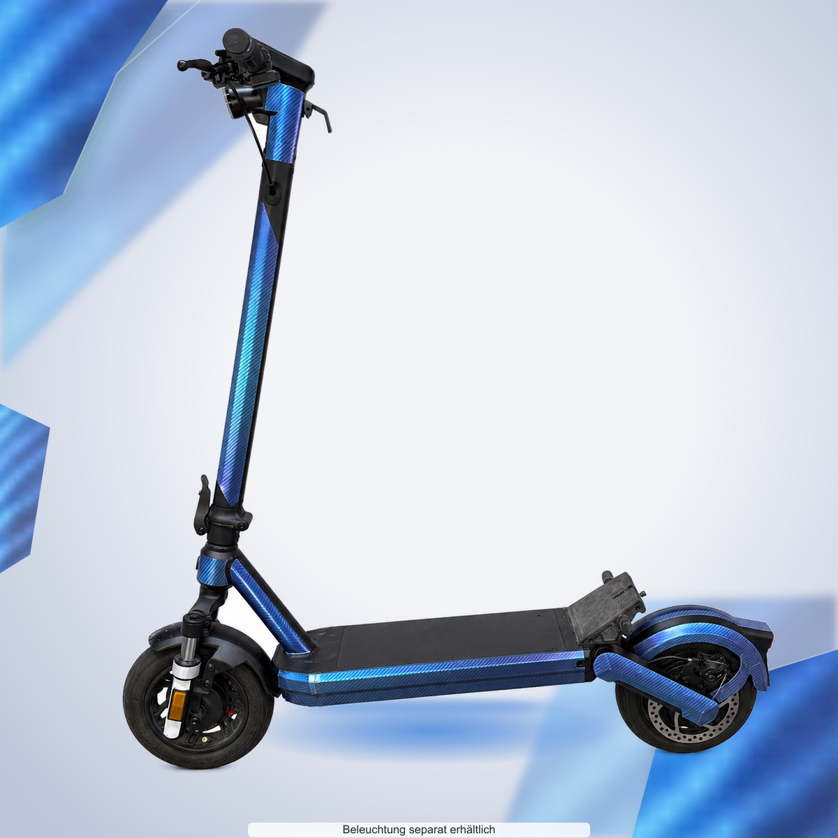 VMAX NEW VX2 | CARBON BLUE PURPLE – Designvisualisierung mit Lichtschein in Skin-Farben. Scooter nicht enthalten; Beleuchtung separat erhältlich.
