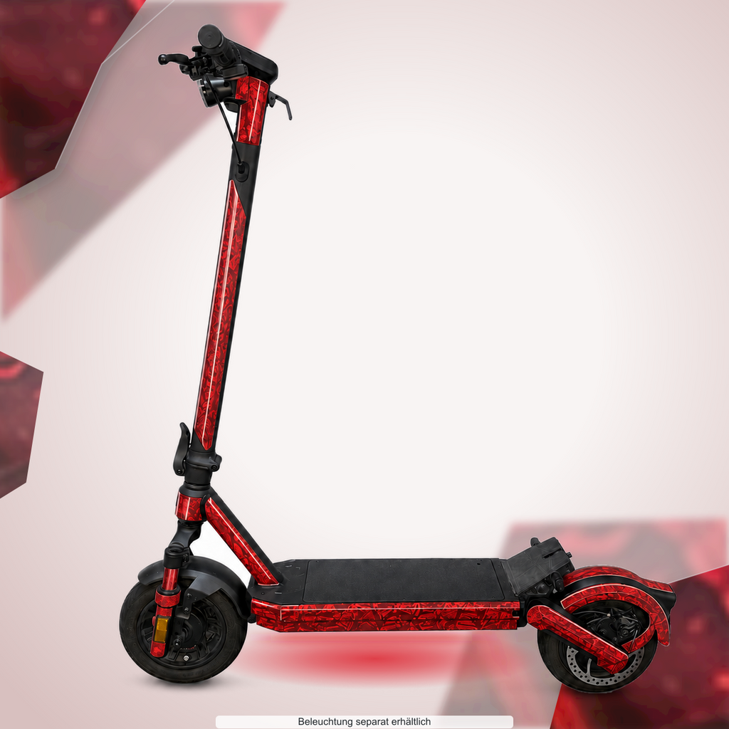 VMAX NEW VX2 | RED FORGED CARBON – Designvisualisierung mit Lichtschein in Skin-Farben. Scooter nicht enthalten; Beleuchtung separat erhältlich.