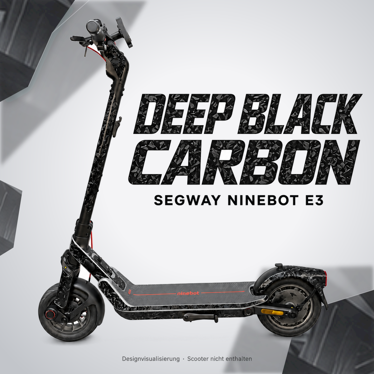 SEGWAY NINEBOT E3 SKIN | DEEP BLACK CARBON – Designvisualisierung am passenden Scooter. Scooter nicht enthalten.