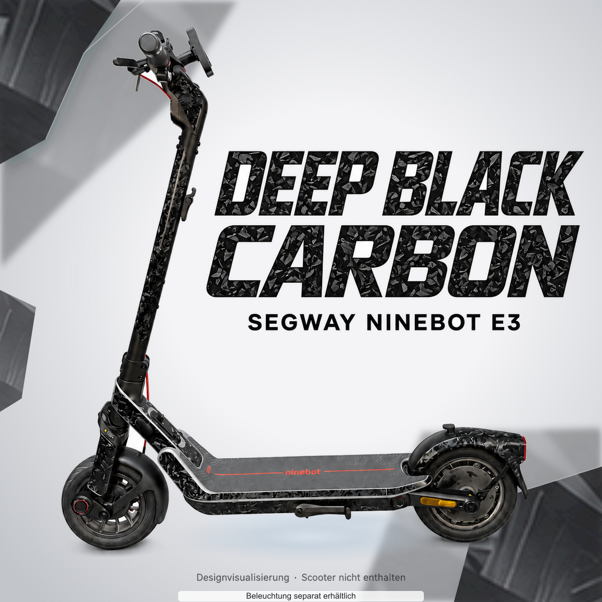 SEGWAY NINEBOT E3 / E3 PRO SKIN | DEEP BLACK CARBON – Designvisualisierung mit Lichtschein in Skin-Farben. Scooter nicht enthalten; Beleuchtung separat erhältlich.
