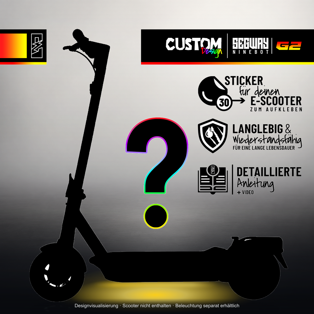 SEGWAY NINEBOT G2 MAX SKIN | CUSTOM – Studiofoto mit Licht in der Skinfarbe; Scooter und Beleuchtung separat erhältlich