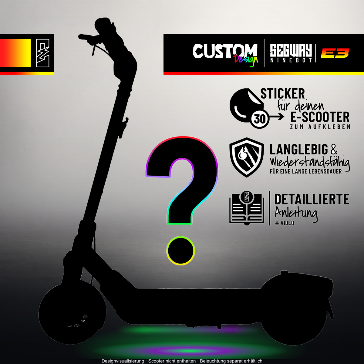 SEGWAY NINEBOT E3 / E3 PRO SKIN | CUSTOM – Originale Custom-Design-Silhouette im Studio-Look mit mehrfarbigem Licht; Beleuchtung separat erhältlich