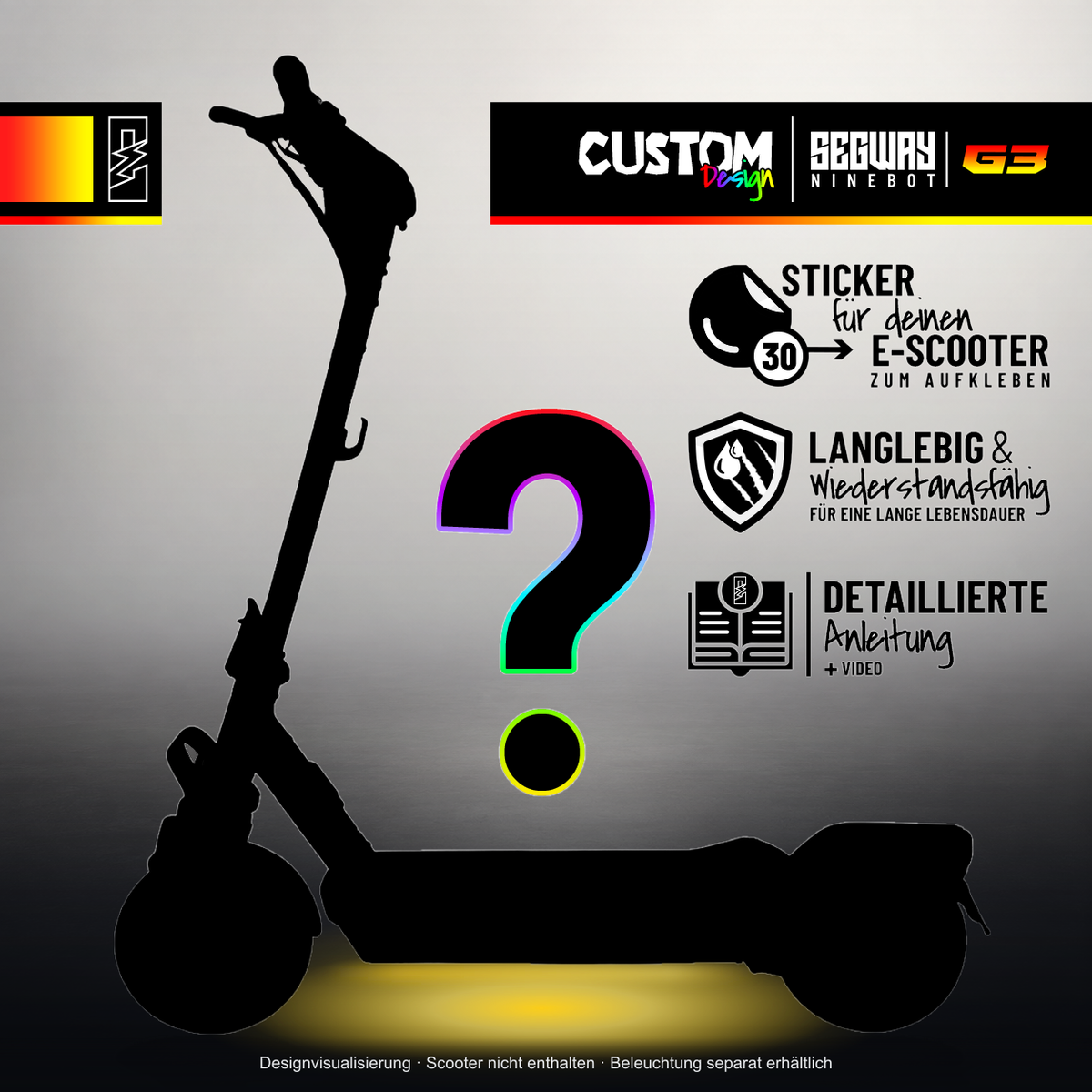 SEGWAY NINEBOT G3 / G3 D / G3 E SKIN | CUSTOM – Studiofoto mit Licht in der Skinfarbe; Scooter und Beleuchtung separat erhältlich