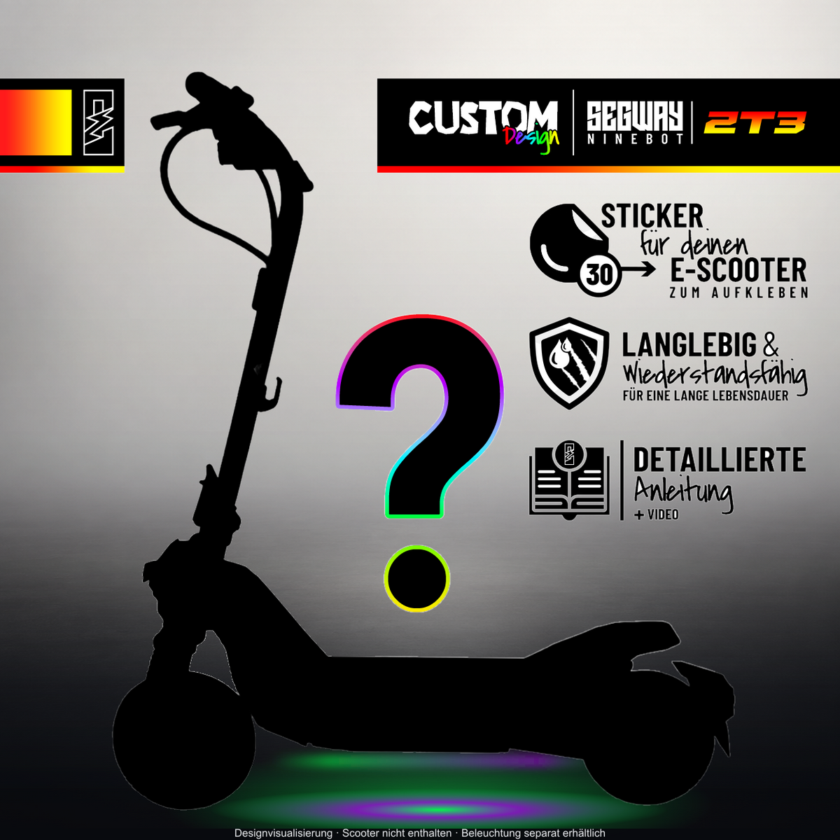 SEGWAY NINEBOT ZT3 PRO / ZT3 PRO D SKIN | CUSTOM – Originale Custom-Design-Silhouette im Studio-Look mit mehrfarbigem Licht; Beleuchtung separat erhältlich