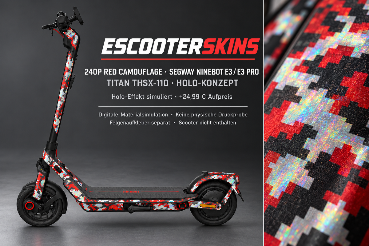 SEGWAY NINEBOT E3 / E3 PRO SKIN | 240P RED CAMOUFLAGE – Holo-Effekt simuliert; +24,99 EUR Aufpreis. Digitale Materialsimulation, keine physische Druckprobe. Nur Body-Skin; Trittbrett und Felgenaufkleber separat; Scooter nicht enthalten.