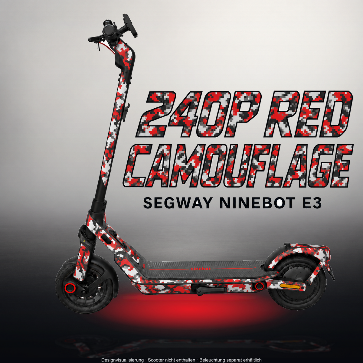 SEGWAY NINEBOT E3 / E3 PRO SKIN | 240P RED CAMOUFLAGE – Studiofoto mit Licht in der Skinfarbe; Scooter und Beleuchtung separat erhältlich