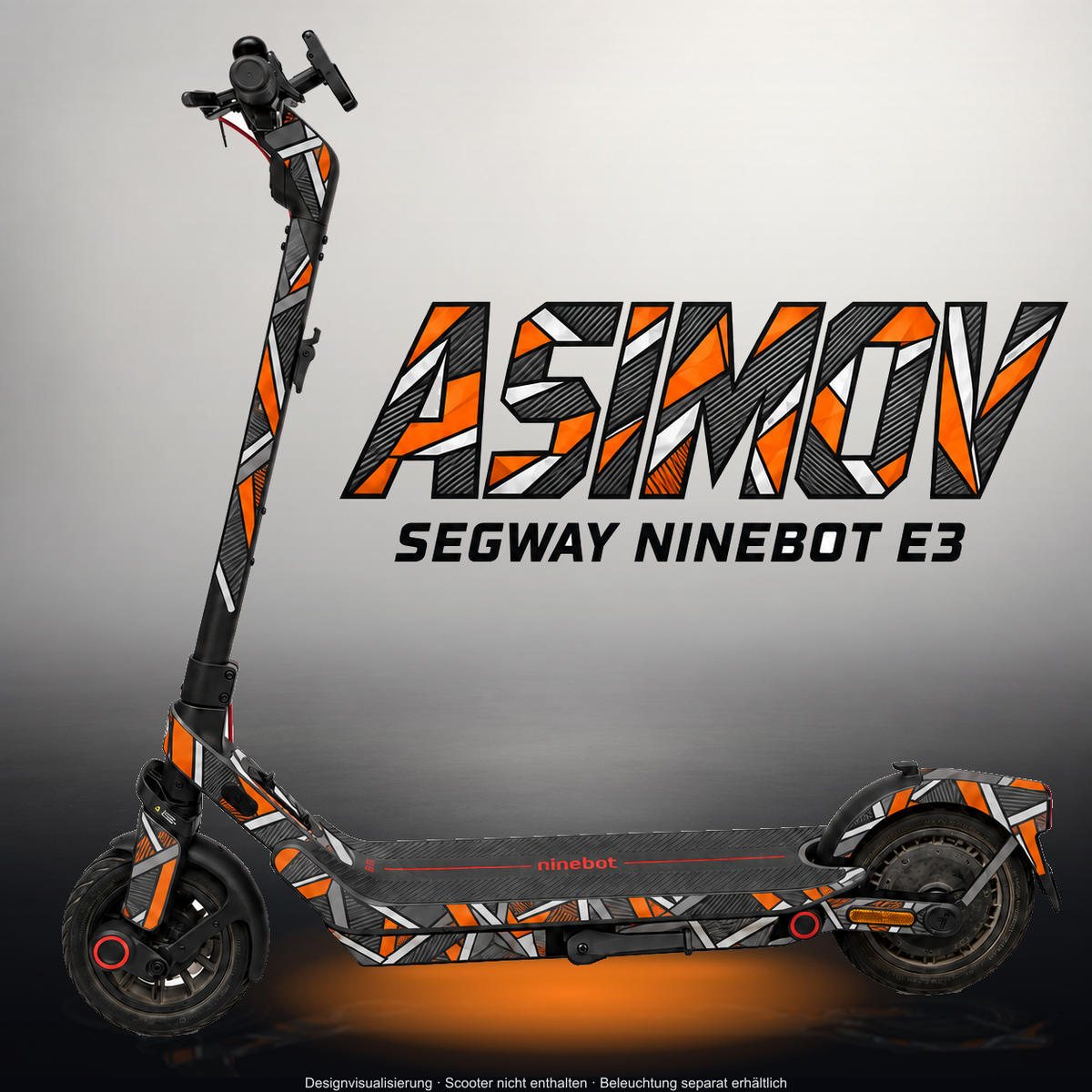 SEGWAY NINEBOT E3 / E3 PRO SKIN | ASIMOV – Studiofoto mit Licht in der Skinfarbe; Scooter und Beleuchtung separat erhältlich