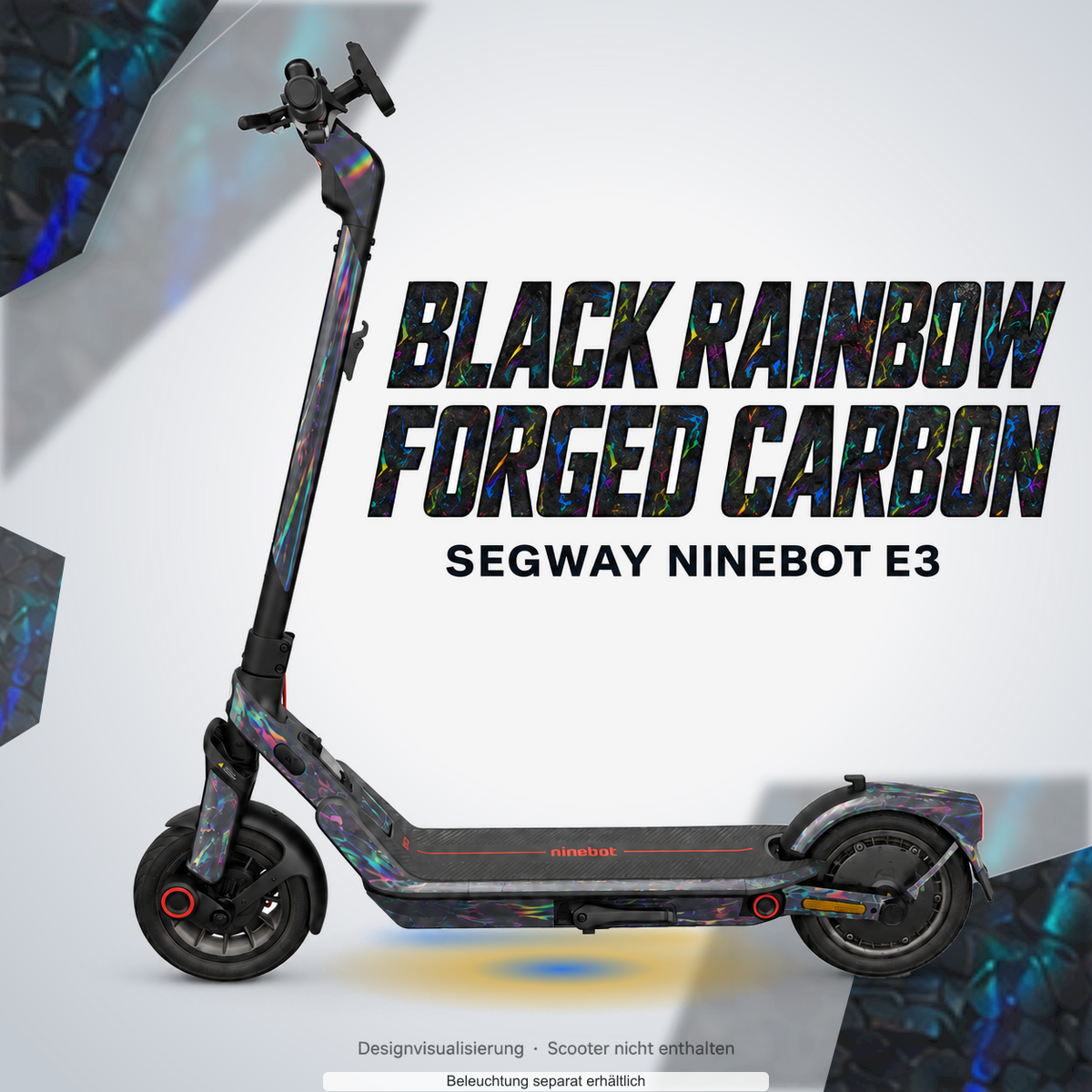 SEGWAY NINEBOT E3 / E3 PRO SKIN | BLACK RAINBOW FORGED CARBON – Designvisualisierung mit Lichtschein in Skin-Farben. Scooter nicht enthalten; Beleuchtung separat erhältlich.