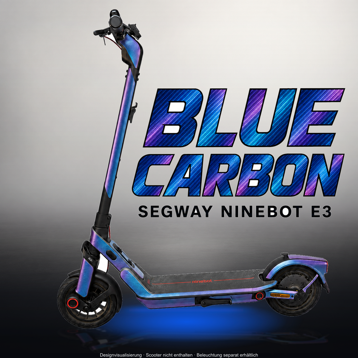 SEGWAY NINEBOT E3 / E3 PRO SKIN | BLUE CARBON – Studiofoto mit Licht in der Skinfarbe; Scooter und Beleuchtung separat erhältlich