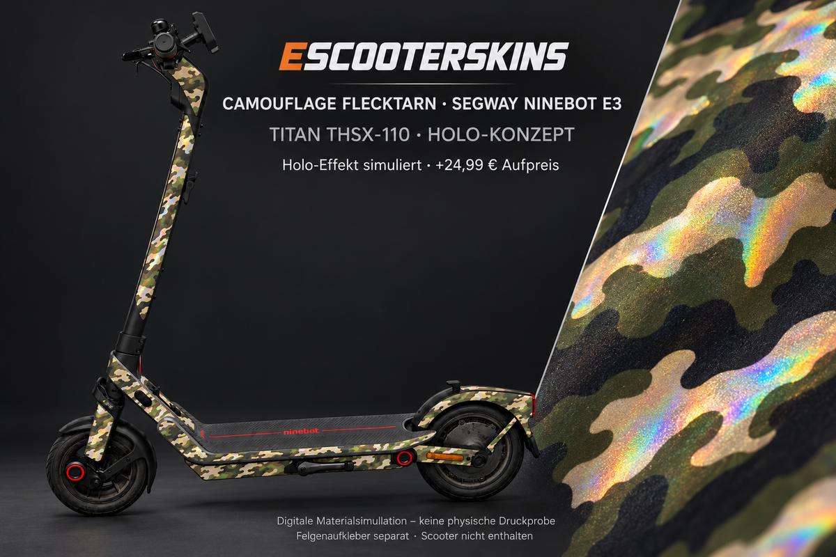 SEGWAY NINEBOT E3 / E3 PRO SKIN | CAMOUFLAGE FLECKTARN – Holo-Effekt simuliert; +24,99 EUR Aufpreis. Digitale Materialsimulation, keine physische Druckprobe. Nur Body-Skin; Trittbrett und Felgenaufkleber separat; Scooter nicht enthalten.