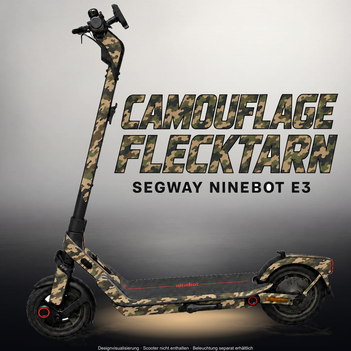 SEGWAY NINEBOT E3 / E3 PRO SKIN | CAMOUFLAGE FLECKTARN – Studiofoto mit Licht in der Skinfarbe; Scooter und Beleuchtung separat erhältlich