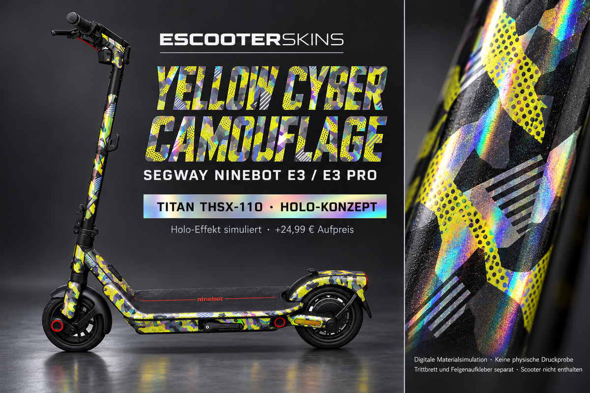 SEGWAY NINEBOT E3 / E3 PRO SKIN | YELLOW CYBER CAMOUFLAGE – Holo-Effekt simuliert; +24,99 EUR Aufpreis. Digitale Materialsimulation, keine physische Druckprobe. Nur Body-Skin; Trittbrett und Felgenaufkleber separat; Scooter nicht enthalten.
