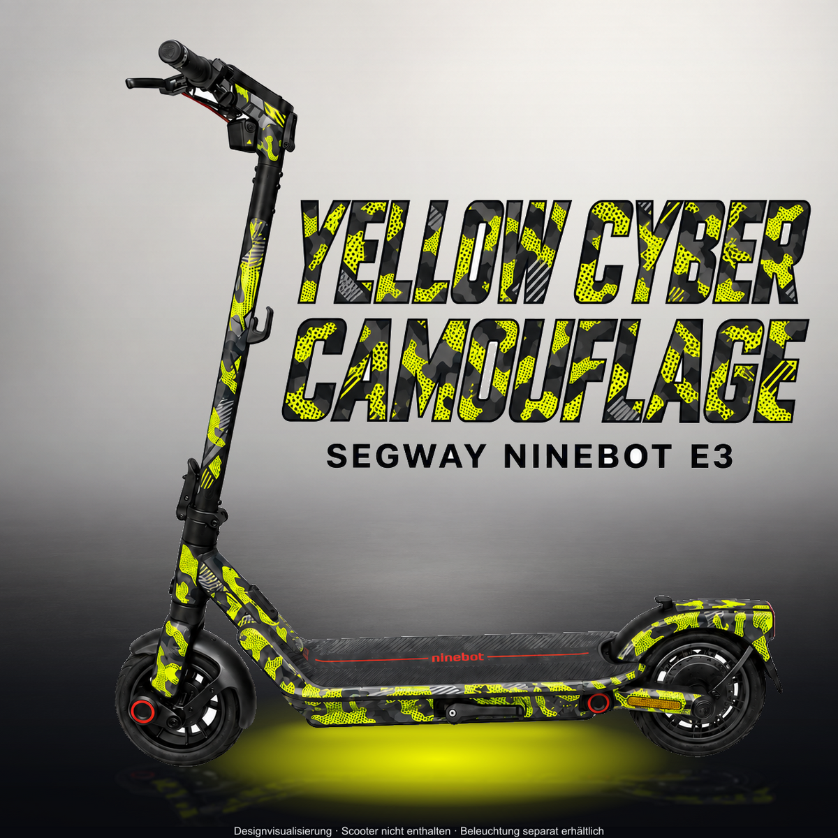 SEGWAY NINEBOT E3 / E3 PRO SKIN | YELLOW CYBER CAMOUFLAGE – Studiofoto mit Licht in der Skinfarbe; Scooter und Beleuchtung separat erhältlich