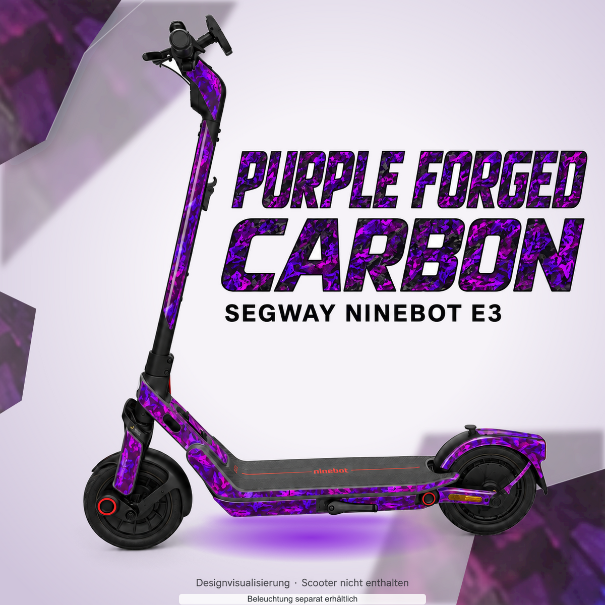 SEGWAY NINEBOT E3 / E3 PRO SKIN | PURPLE FORGED CARBON – Designvisualisierung mit Lichtschein in Skin-Farben. Scooter nicht enthalten; Beleuchtung separat erhältlich.