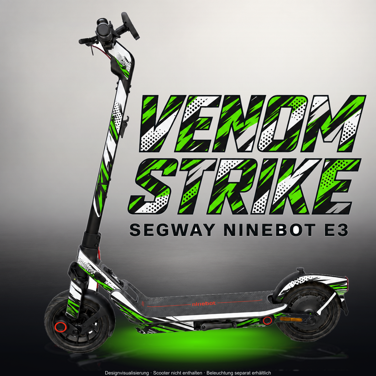 SEGWAY NINEBOT E3 / E3 PRO SKIN | VENOM STRIKE – Studiofoto mit Licht in der Skinfarbe; Scooter und Beleuchtung separat erhältlich
