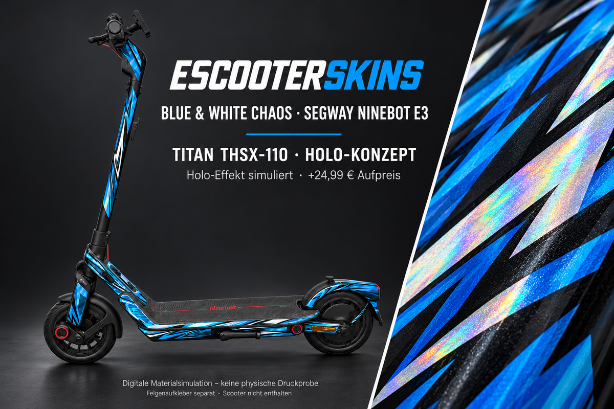 SEGWAY NINEBOT E3 / E3 PRO SKIN | BLUE & WHITE CHAOS – Holo-Effekt simuliert; +24,99 EUR Aufpreis. Digitale Materialsimulation, keine physische Druckprobe. Nur Body-Skin; Trittbrett und Felgenaufkleber separat; Scooter nicht enthalten.