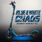 SEGWAY NINEBOT E3 / E3 PRO SKIN | BLUE & WHITE CHAOS – Studiofoto mit Licht in der Skinfarbe; Scooter und Beleuchtung separat erhältlich
