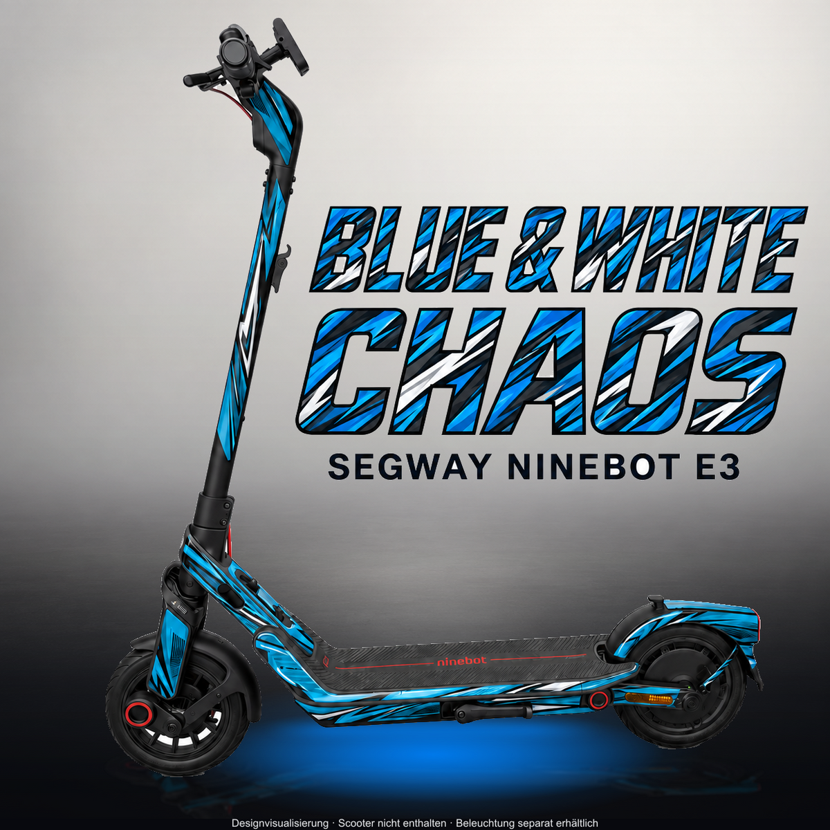 SEGWAY NINEBOT E3 / E3 PRO SKIN | BLUE & WHITE CHAOS – Studiofoto mit Licht in der Skinfarbe; Scooter und Beleuchtung separat erhältlich