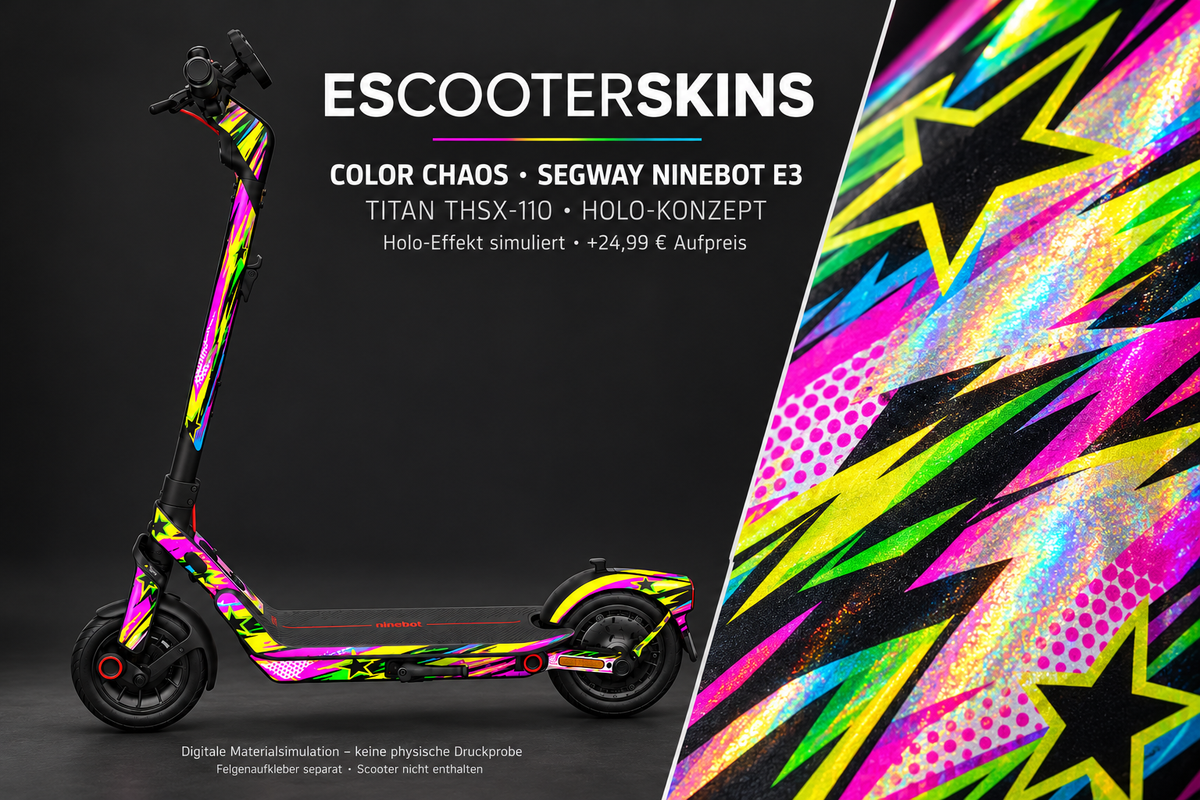 SEGWAY NINEBOT E3 / E3 PRO SKIN | COLOR CHAOS – Holo-Effekt simuliert; +24,99 EUR Aufpreis. Digitale Materialsimulation, keine physische Druckprobe. Nur Body-Skin; Trittbrett und Felgenaufkleber separat; Scooter nicht enthalten.