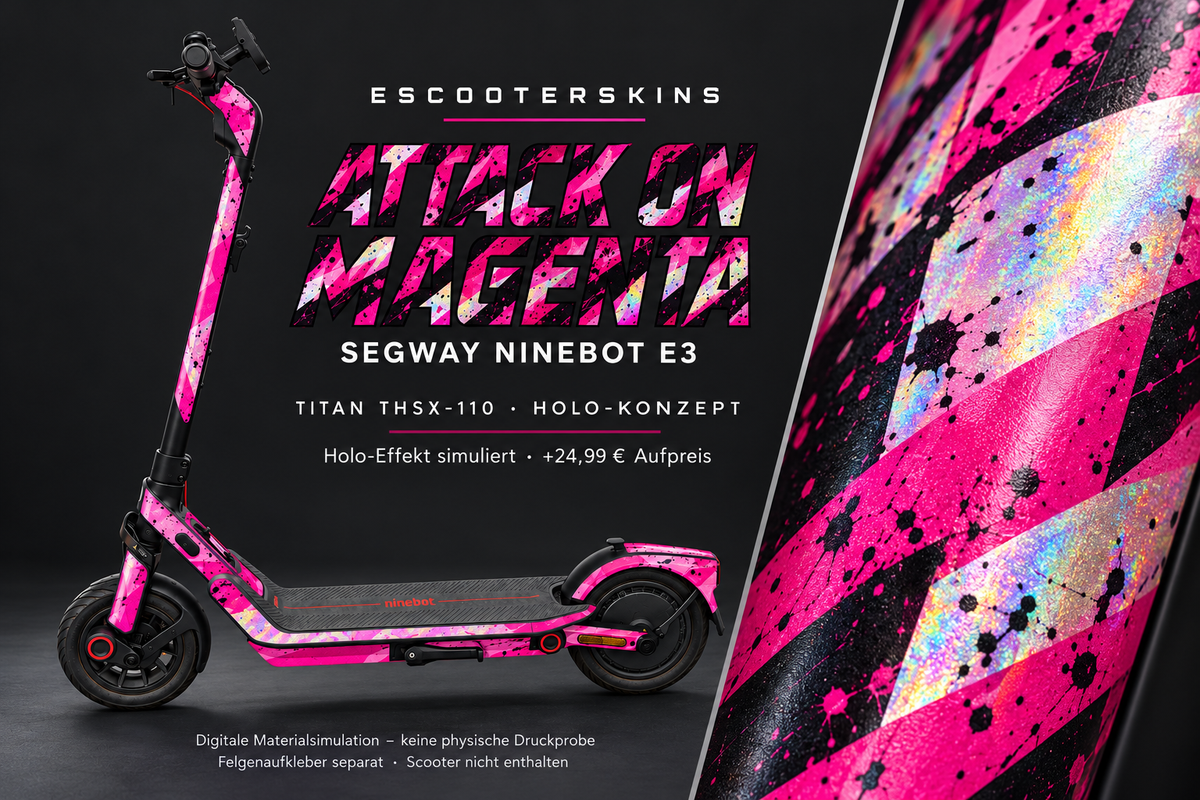 SEGWAY NINEBOT E3 / E3 PRO SKIN | ATTACK ON MAGENTA – Holo-Effekt simuliert; +24,99 EUR Aufpreis. Digitale Materialsimulation, keine physische Druckprobe. Nur Body-Skin; Trittbrett und Felgenaufkleber separat; Scooter nicht enthalten.