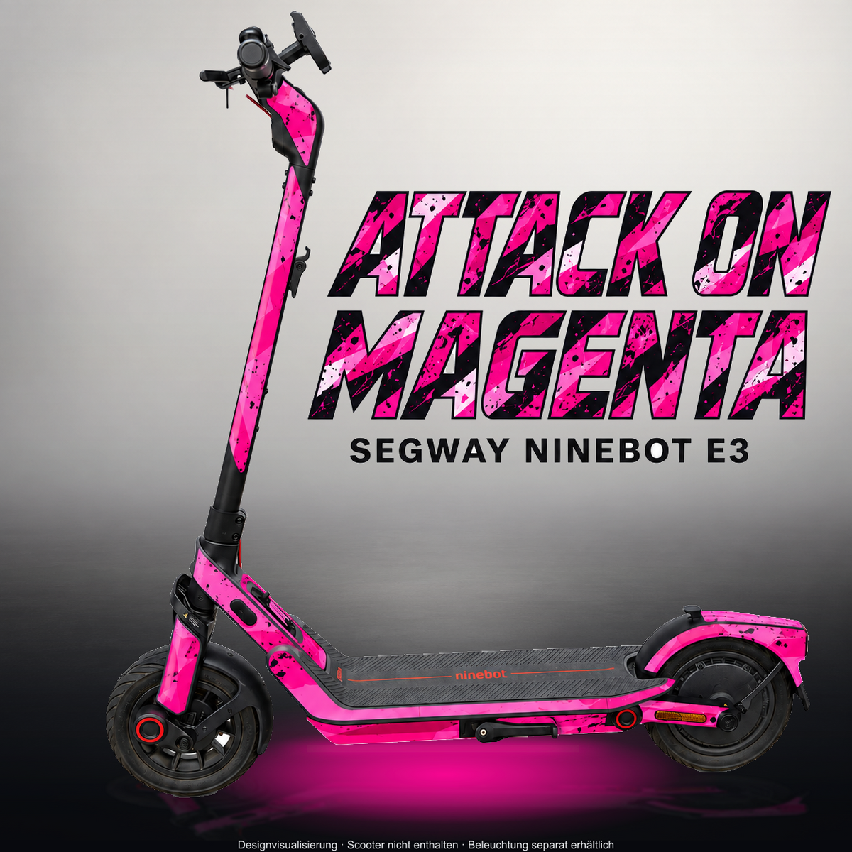 SEGWAY NINEBOT E3 / E3 PRO SKIN | ATTACK ON MAGENTA – Studiofoto mit Licht in der Skinfarbe; Scooter und Beleuchtung separat erhältlich