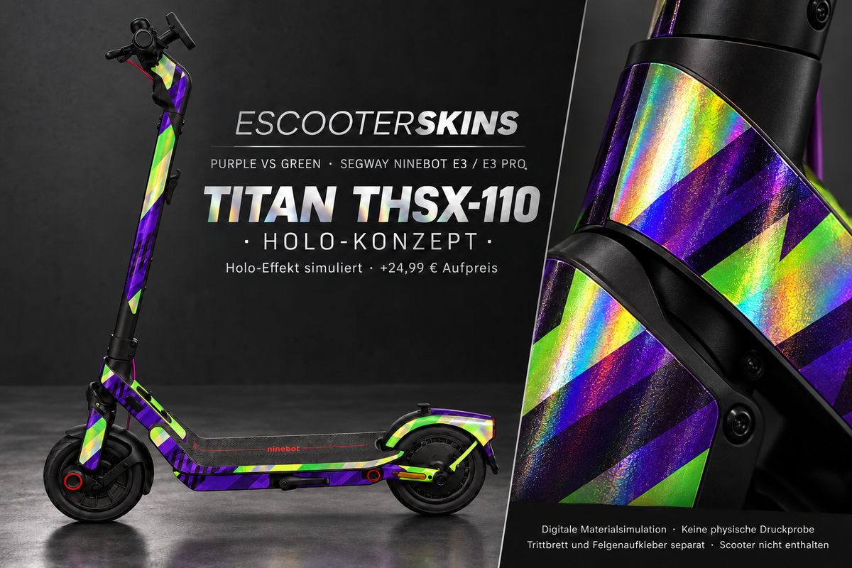 SEGWAY NINEBOT E3 / E3 PRO SKIN | PURPLE VS GREEN – Holo-Effekt simuliert; +24,99 EUR Aufpreis. Digitale Materialsimulation, keine physische Druckprobe. Nur Body-Skin; Trittbrett und Felgenaufkleber separat; Scooter nicht enthalten.