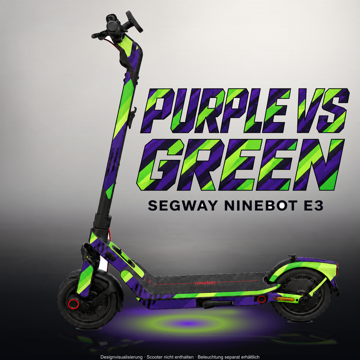 SEGWAY NINEBOT E3 / E3 PRO SKIN | PURPLE VS GREEN – Studiofoto mit Licht in der Skinfarbe; Scooter und Beleuchtung separat erhältlich