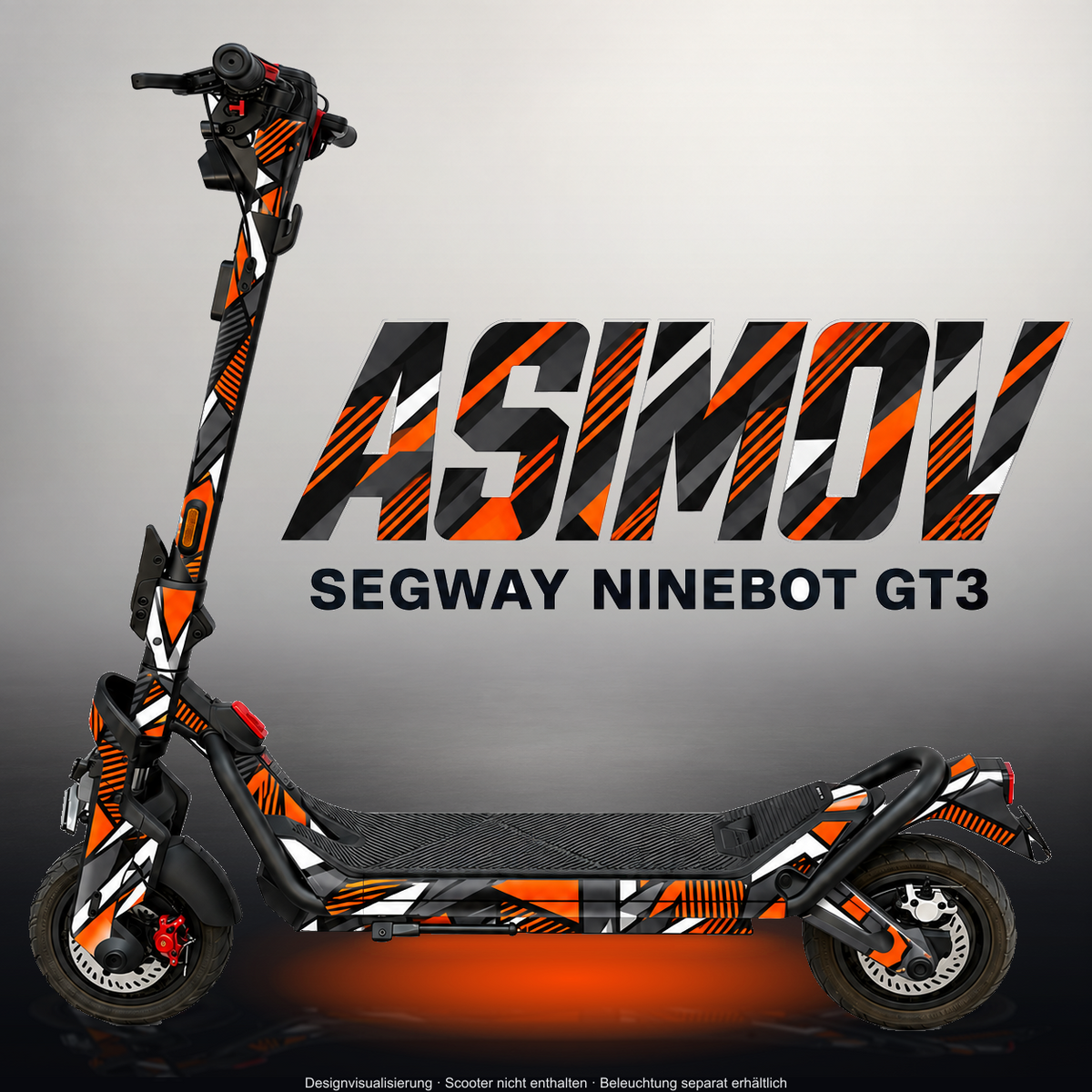 SEGWAY NINEBOT GT3 SKIN | ASIMOV – Studiofoto mit Licht in der Skinfarbe; Scooter und Beleuchtung separat erhältlich