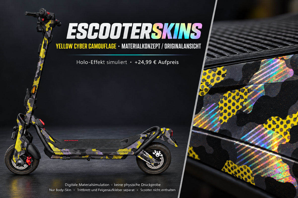 YELLOW CYBER CAMOUFLAGE – Holo-Effekt simuliert; +24,99 EUR Aufpreis. Digitale Materialsimulation, keine physische Druckprobe. Nur Body-Skin; Trittbrett und Felgenaufkleber separat; Scooter nicht enthalten.