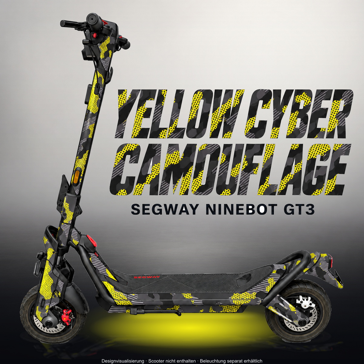 SEGWAY NINEBOT GT3 SKIN | YELLOW CYBER CAMOUFLAGE – Studiofoto mit Licht in der Skinfarbe; Scooter und Beleuchtung separat erhältlich