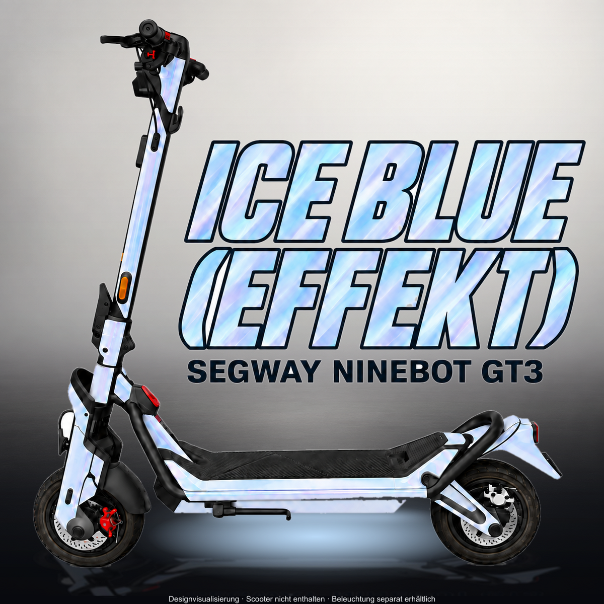 SEGWAY NINEBOT GT3 SKIN | ICE BLUE (EFFEKT) – Studiofoto mit Licht in der Skinfarbe; Scooter und Beleuchtung separat erhältlich